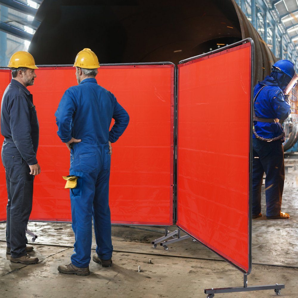 3-delig lasgordijn 1,8 x 1,8 m lasbeschermingsgordijn van vlamvertragend vinyl lasbeschermingswand met 12 zwenkwielen en een 6-traps UV-werende lasdeken lasbescherming rood
