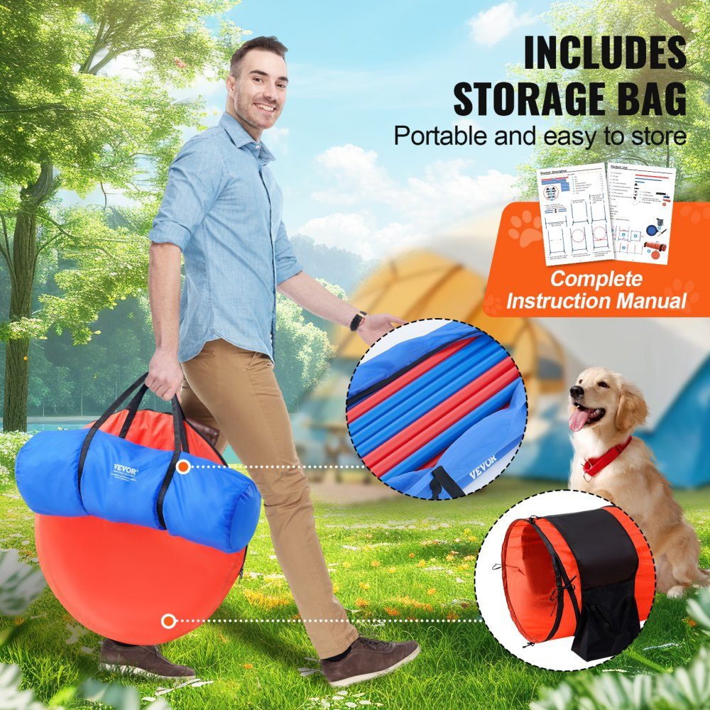Dog Agility Training Equipment, 5 Piece Upgrade Set with Adjustable High Hurdles, 6 Slalom Poles, Extended Tunnel, Jump Ring, Brake Box, Whistle, Foldable Bowl, Puppy Obstacle Course Set with Storage Bag