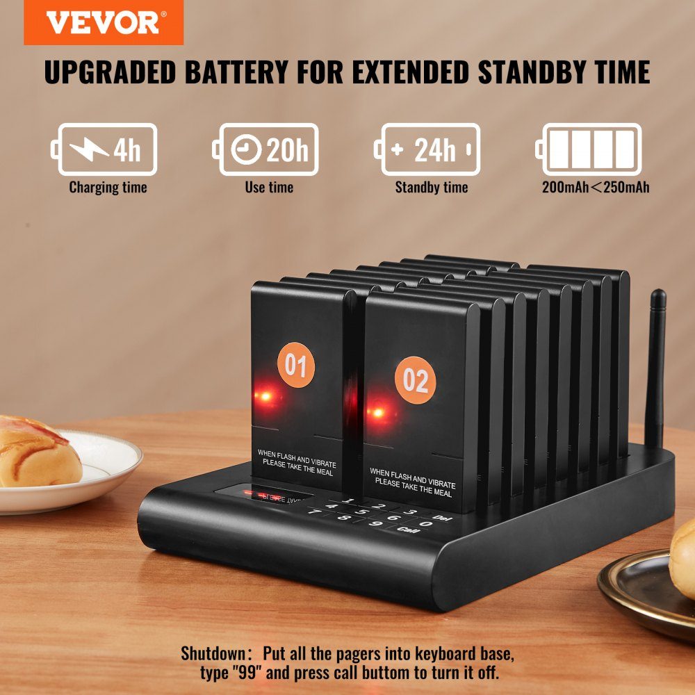 Système de téléavertisseur de restaurant, signal de file d'attente sans fil avec portée de 500 m, bip d'appel invité avec vibration et clignotant, 16 téléavertisseurs pour camion de nourriture, église