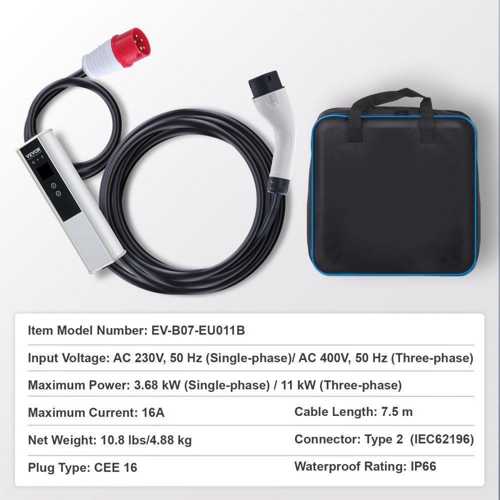Câble de charge EV Type2 Chargeur de voiture électrique 16A 3,68 kW (monophasé)/11 kW (triphasé) Boîtier mural IP66 Câble de 7,5 m Câble de charge 4 niveaux de réglage du courant (16A/13A/10A/8A) Chargeur Prise CEE 16