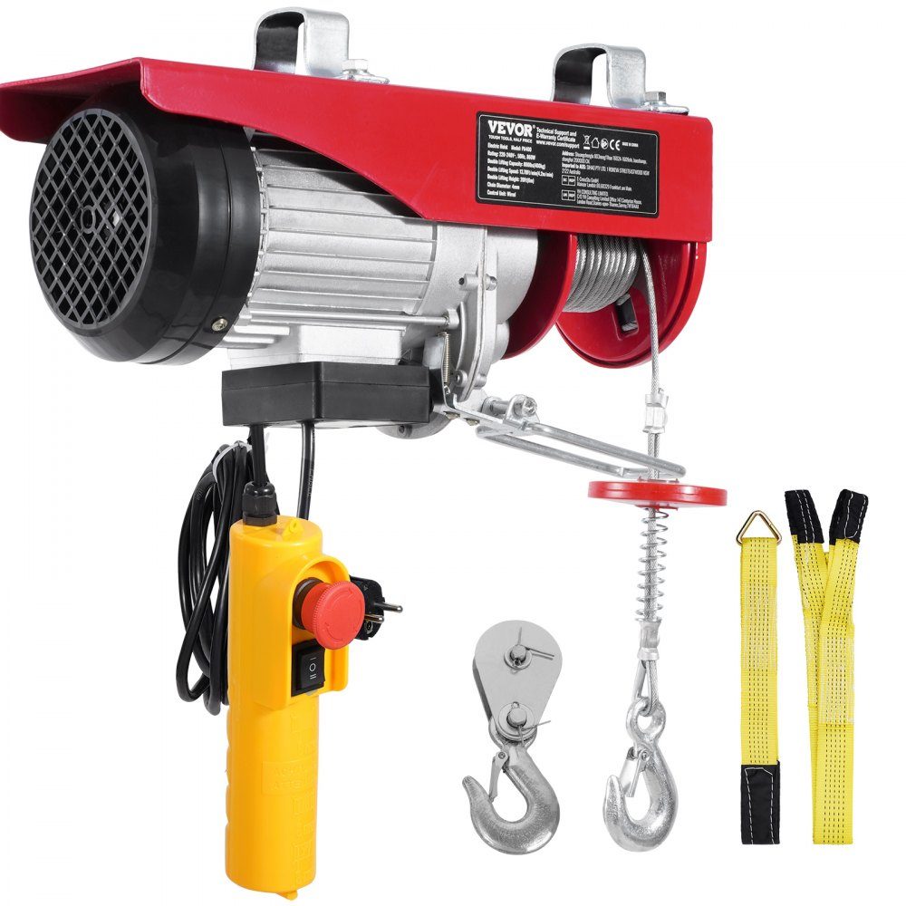 Electric Winch 400kg Motor Winch with 4.2m Cable Remote Control 12m Lifting Height with Single Rope Single/Double Slings Emergency Stop Hoist for Garage Warehouse Factory