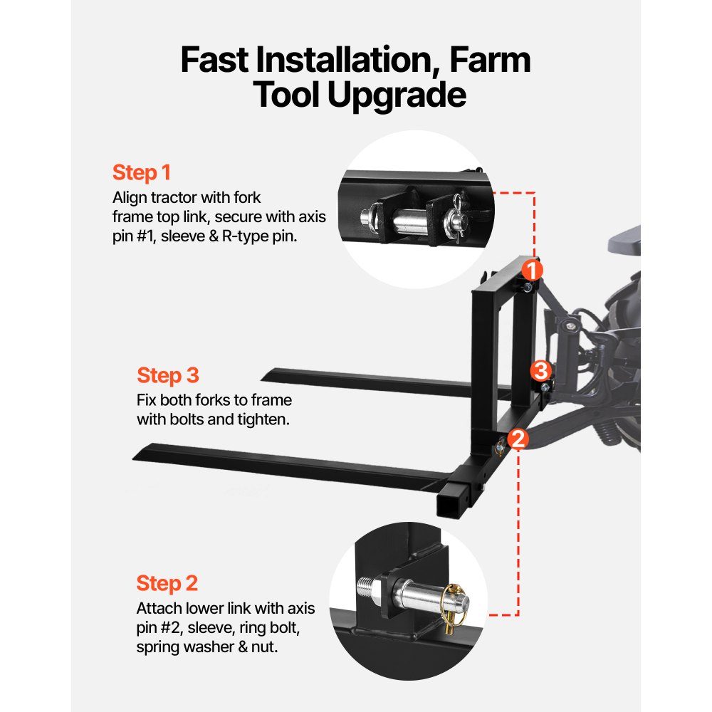 Pallet fork 680 k, 3-point clamping fork carrier, 1280 mm total length, forks mit 735-1170 mm adjustable fork width, quick coupling attachments for category 1 tractors