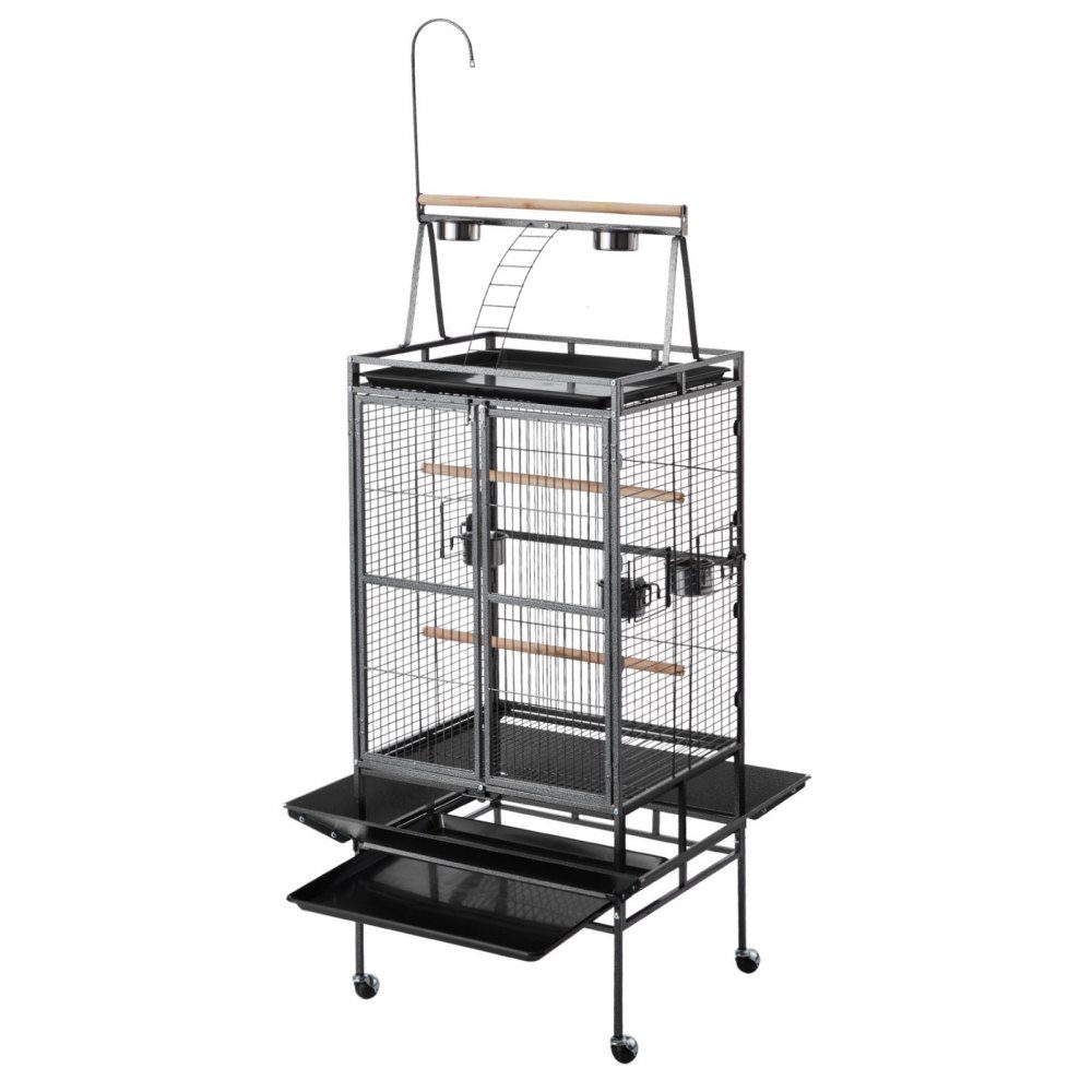 Vogelkäfig, 830 x 790 x 2100 mm, oben offen, Vogelvoliere aus Schmiedeeisen mit Sitzstangen, Napf und Futternäpfen aus Kunststoff, für Nymphensittiche, Mönchssittiche und Graupapageien