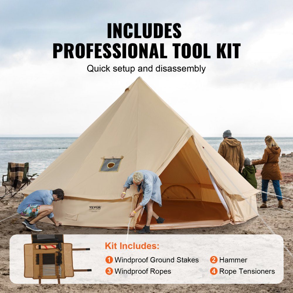 Bell tent 5 x 3 m yurt tent TC cotton with high-strength iron rods and a PVC groundsheet camping tent family tent 8 windows pyramid tent group tent for outdoor adventures