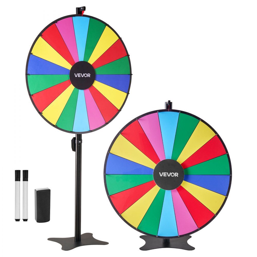 Rad van Fortuin, Spinnewiel (914 mm), 18 vakken, Rad van Fortuin met standaard, In hoogte verstelbaar, Loterijspellen, Competitie, Roulette, met schoolbordspons en 2 stiften, 6 kleuren, Ideaal voor feest, café, beurs