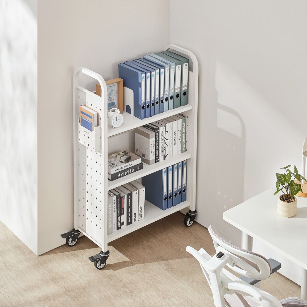 Wózek na książki 150 kg Nośność Wózek biblioteczny 77 x 38 x 122 cm Jednostronny regał w kształcie litery L z podwójnymi kółkami hamulcowymi Wózek na książki do salonu Biuro Szkoła Biały