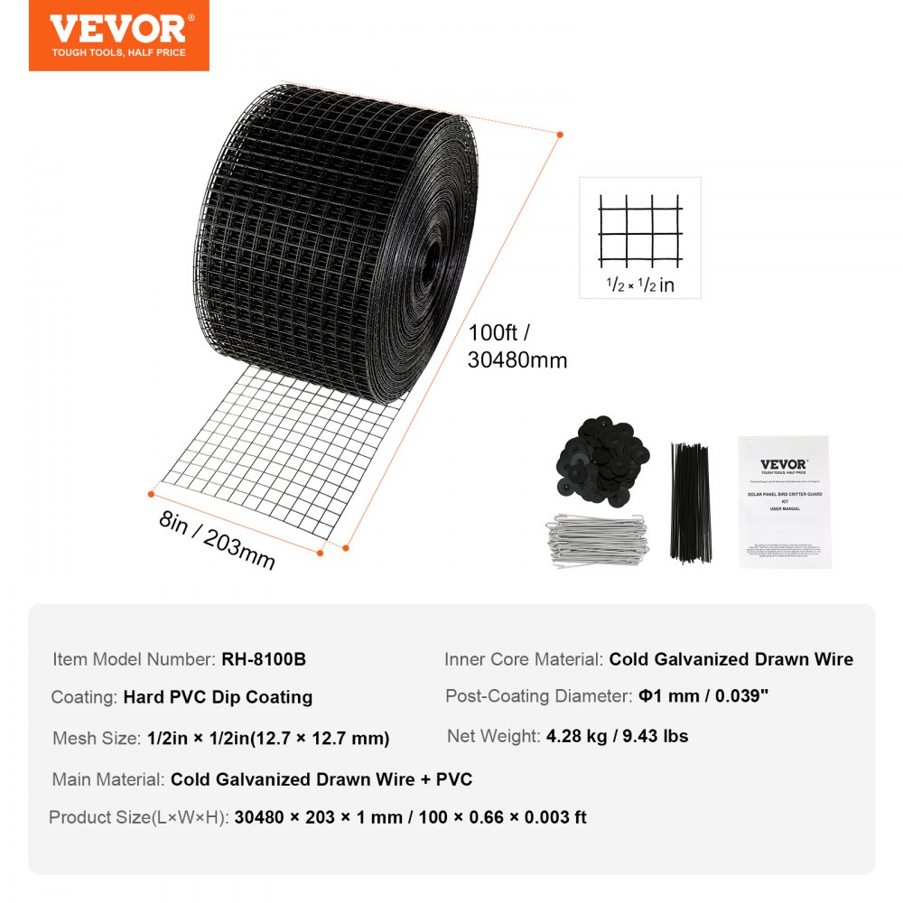 Solar Panel Bird Guard 60' x 100' Pigeon Repellent Solar Panel Screen with 100 Aluminum Alloy Fasteners Solar Panel Guard with Rustproof PVC Coating 1/2" Square Grid