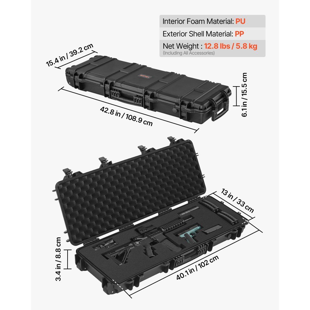 Waffenkoffer mit Hartschale für Langwaffen, abschließbarer Waffenkoffer mit vorgeschnittenem Schaumstoff, Langwaffenkoffer, Waffenaufbewahrung, rollbar, IP67 wasserdicht, 108,9 x 39,2 x 15,5 cm, schwarz