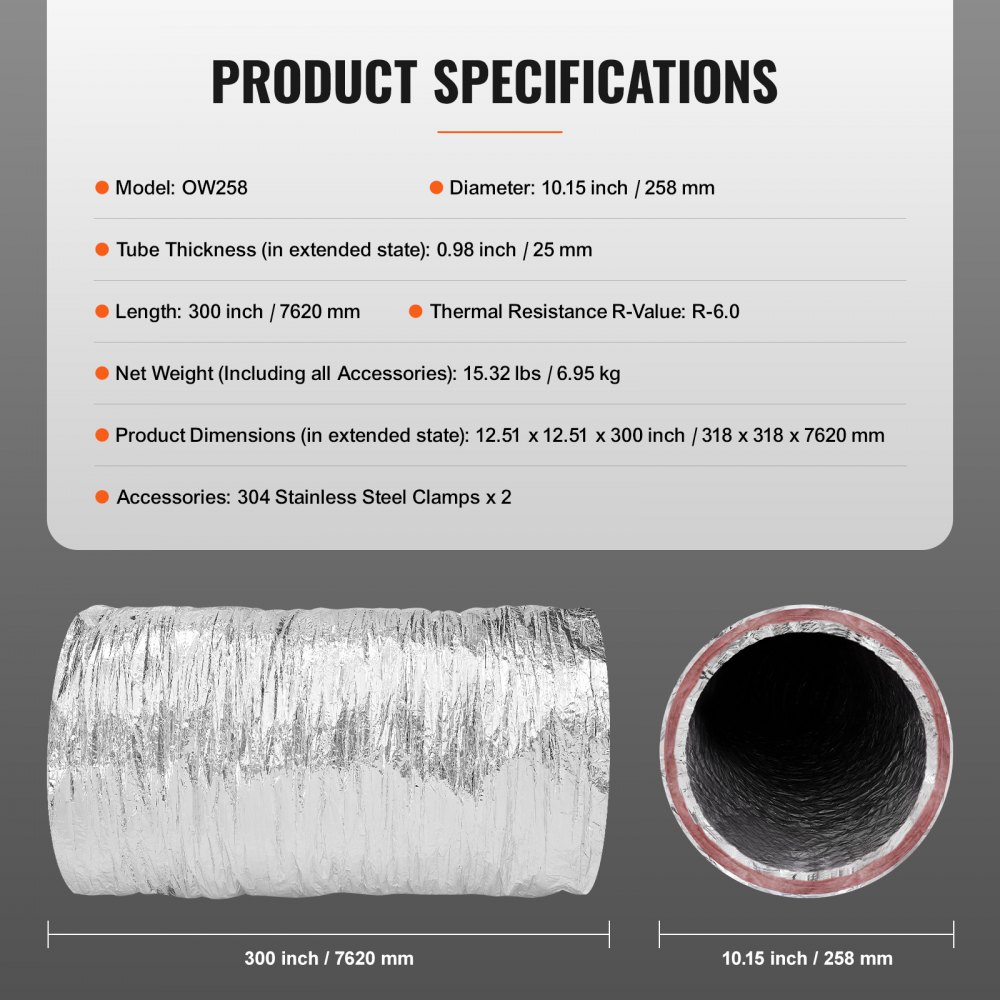Aluminium-Flexschlauch 7620 mm langer Lüftungsschlauch Φ258 mm Aluminium-Flexrohr-Luftkanal R-6 Wärmewiderstandswert 25 mm Rohrdicke Aluminiumrohrschlauch Owens Corning Isolierwolle-Luftkanäle Aluminium-Flexschlauch 7620 mm langer Lüftungsschlauch Φ258 mm Aluminium-Flexrohr-Luftkanal R-6 Wärmewiderstandswert 25 mm Rohrdicke Aluminiumrohrschlauch Owens Corning Isolierwolle-Luftkanäle