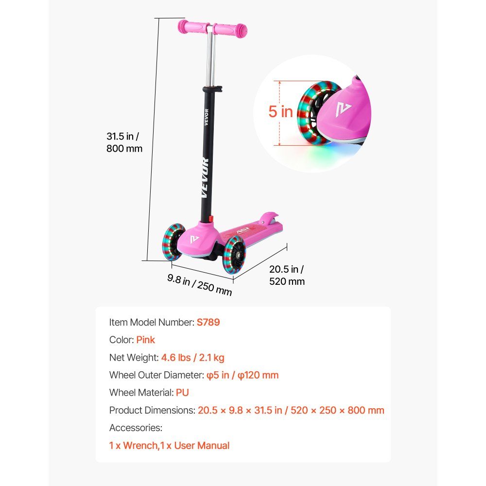 Scooter (3 Räder) ab 3 Jahren, Cityscooter Kinderroller mit leuchtenden Rädern & höhenverstellbarem Lenker & rutschfestem Deck & leichtem Aluminiumrahmen, Tretroller bis 75 kg, Pink