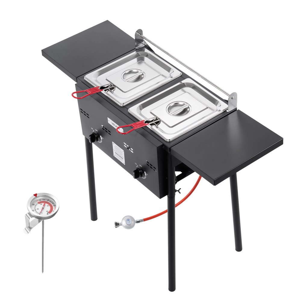 Friteuse commerciale d'extérieur au propane avec 2 réservoirs (9 L x 2), cuisinière en acier inoxydable avec plate-forme pliable, double panier et contrôle de la chaleur, friteuses autoportantes pour restaurants, snack-bars Friteuse commerciale d'extérieur au propane avec 2 réservoirs (9 L x 2), cuisinière en acier inoxydable avec plate-forme pliable, double panier et contrôle de la chaleur, friteuses autoportantes pour restaurants, snack-bars
