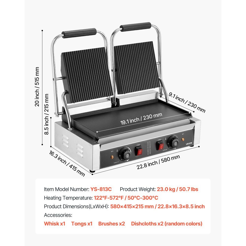 Commercial Panini Grill, Contact Grill 3600 W, for Sandwiches, Steak, Bacon, Hamburgers, Sandwich Maker, Stainless Steel Press Grill with Handle & Temperature Controller & 48 x 23 cm Heating Plate, Panini Press