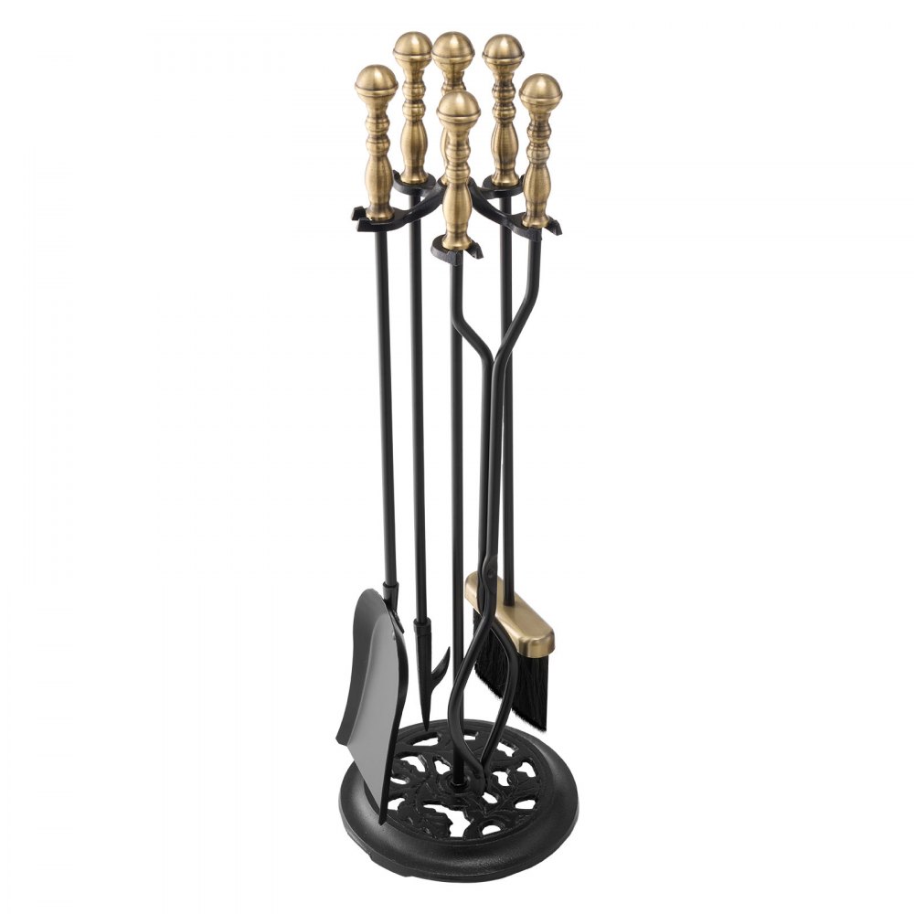 Ensemble de couverts de cheminée, 5 pièces, support à cinq branches, pince, pelle à cendres, brosse, tisonnier, accessoires de cheminée en fer forgé pour usage intérieur et extérieur, noir et laiton