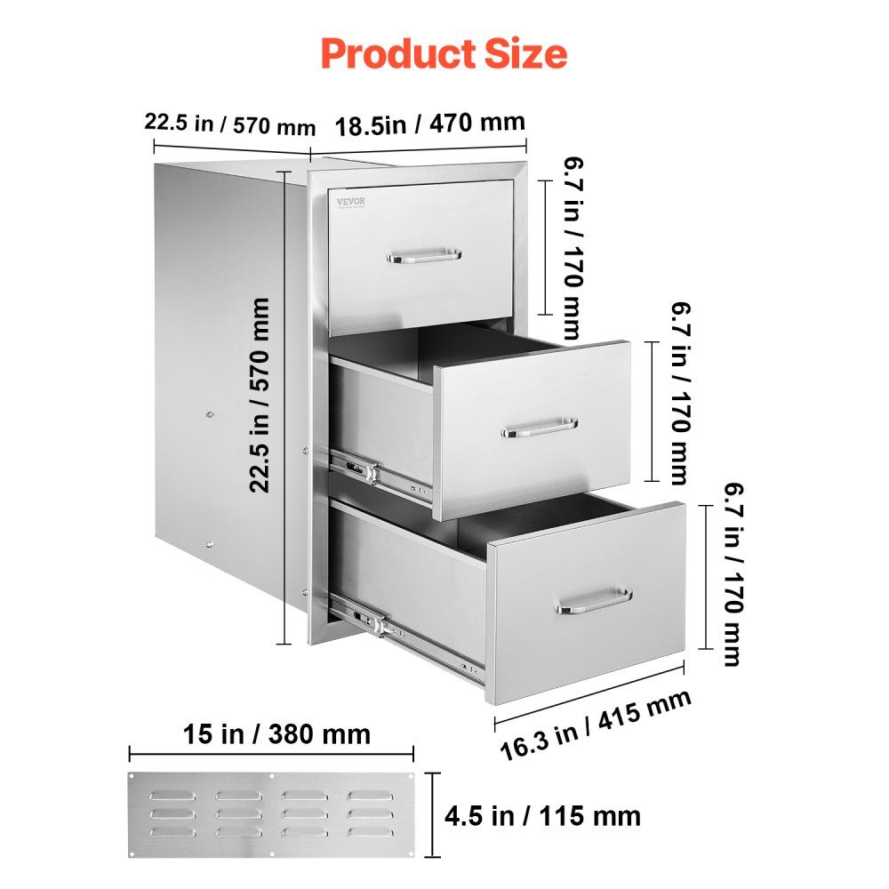 Küchenschubladen Outdoor-Schubladenschrank (47 x 57 x 57 cm) mit dreifachem Zugriff aus Edelstahl, Schubladenaufbewahrung für Grillinsel mit Griff, für Grillstation