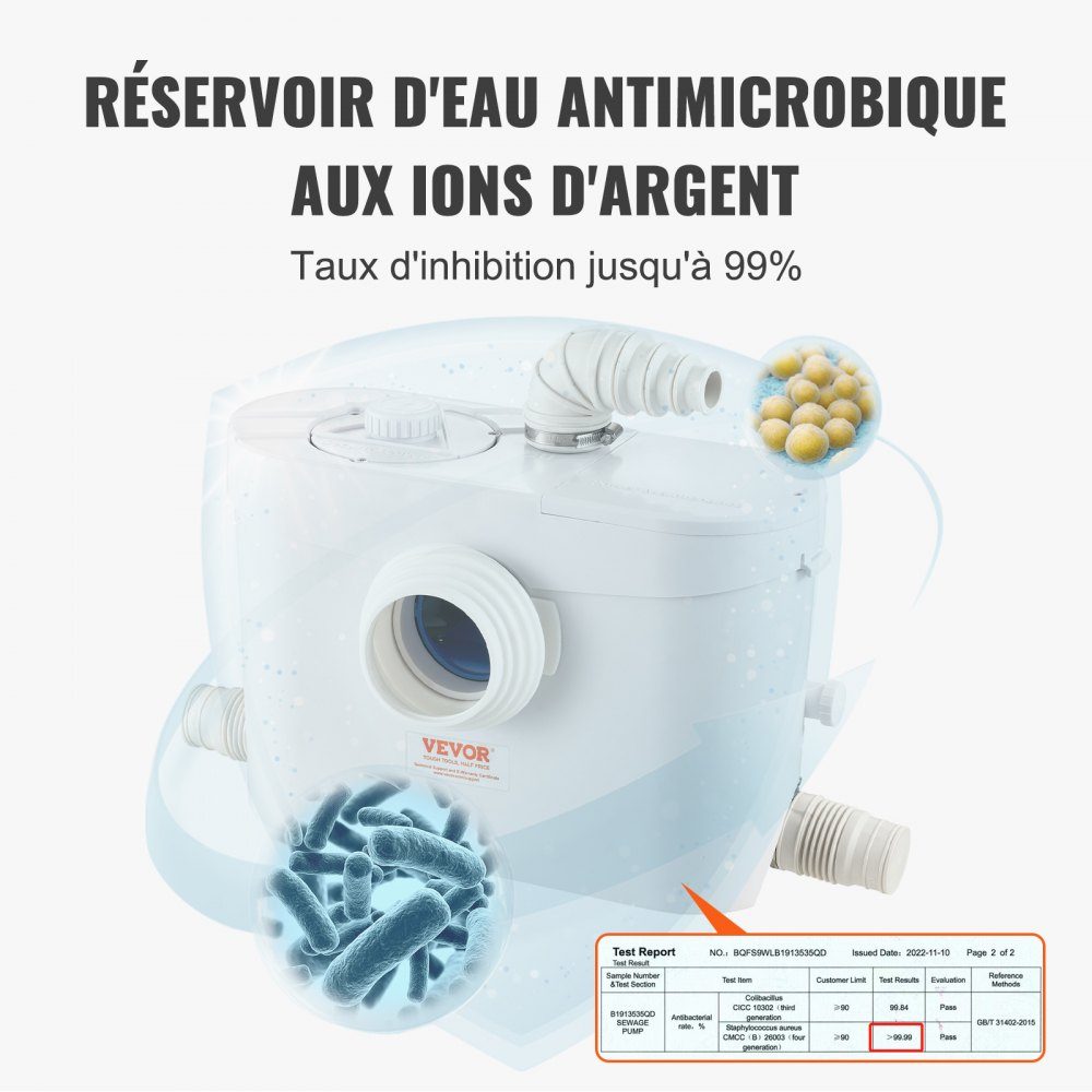 Système de relevage, 700 W, débit 9600 l/h, hauteur 10 m, pompe eaux usées broyeur avec 3 arrivées d'eau pour WC, cave, cuisine, évier, baignoire, évacuation eaux usées, lave-vaisselle – Réf. HT-24457