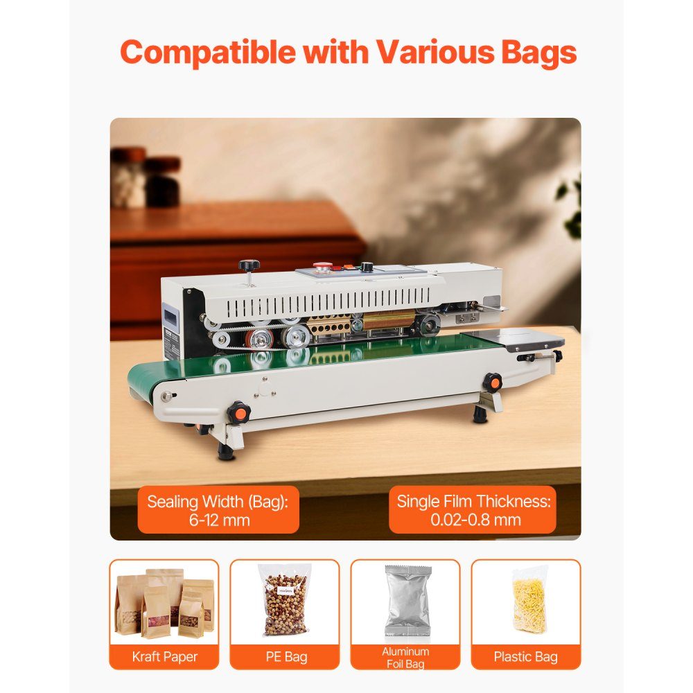 Continuous Bag Band Welding Machine, 0.24-0.47 inch/6-12mm Welding Width, Horizontal Band Welding Machine with Digital Temperature Control, Bag Welder for 0.02-0.8mm Plastic Bags, Inflation Function