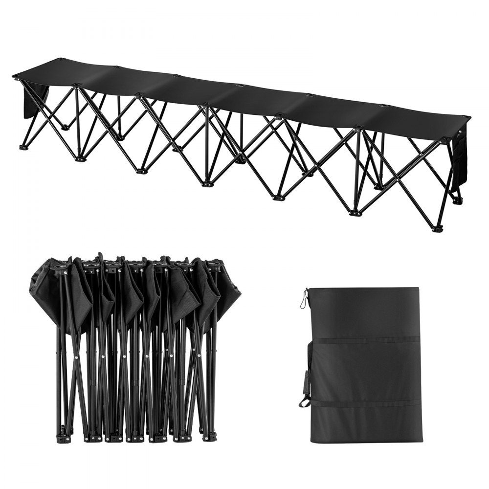 Tragbare Klappbank, 6 Sitze, klappbare Seitenbank, Outdoor-Campingbank, Stühle mit Tragetasche, Teamsport-Seitenbank für Fußball, Camping, Angeln, kein Zusammenbau erforderlich, sofortiger Sitz, schwarz