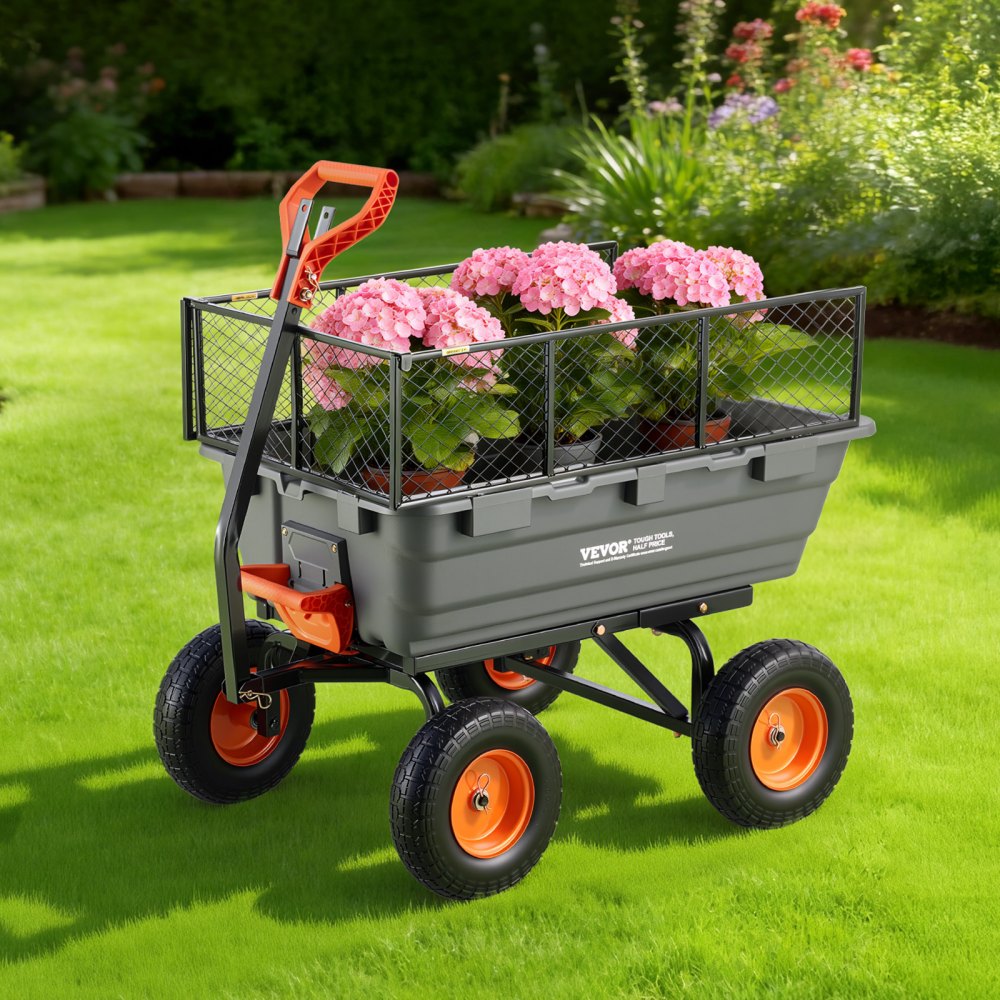 Gartenwagen mit Kippfunktion, 544 kg schwerer Bollerwagen, 270° drehbarer Transportwagen für die Gartenarbeit aus Kunststoff und Stahl mit 13 Zoll PU-Reifen und Metallzaun für Rasen, Kies und Schlamm Gartenwagen mit Kippfunktion, 544 kg schwerer Bollerwagen, 270° drehbarer Transportwagen für die Gartenarbeit aus Kunststoff und Stahl mit 13 Zoll PU-Reifen und Metallzaun für Rasen, Kies und Schlamm