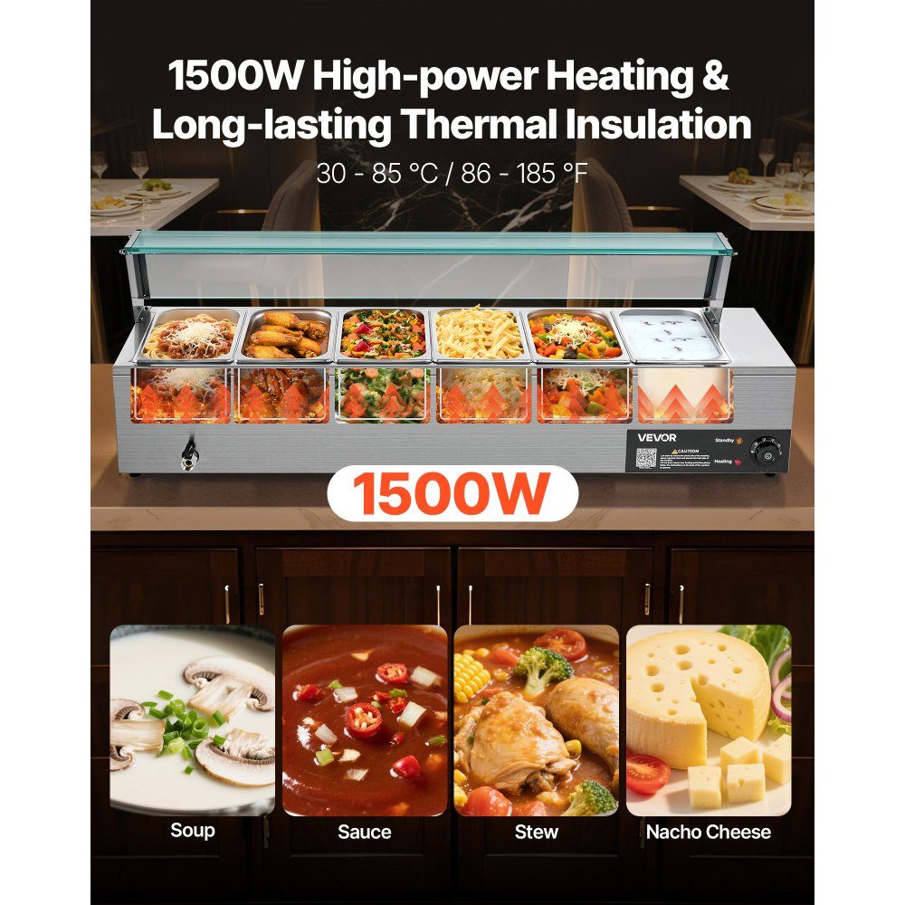 Commercial Food Warmer (6 Size 1/3 Containers), 1.5KW Stainless Steel Electric Warming Container with Glass Cover and Soup Ladle, Chafing Dishes for Catering Restaurant Parties