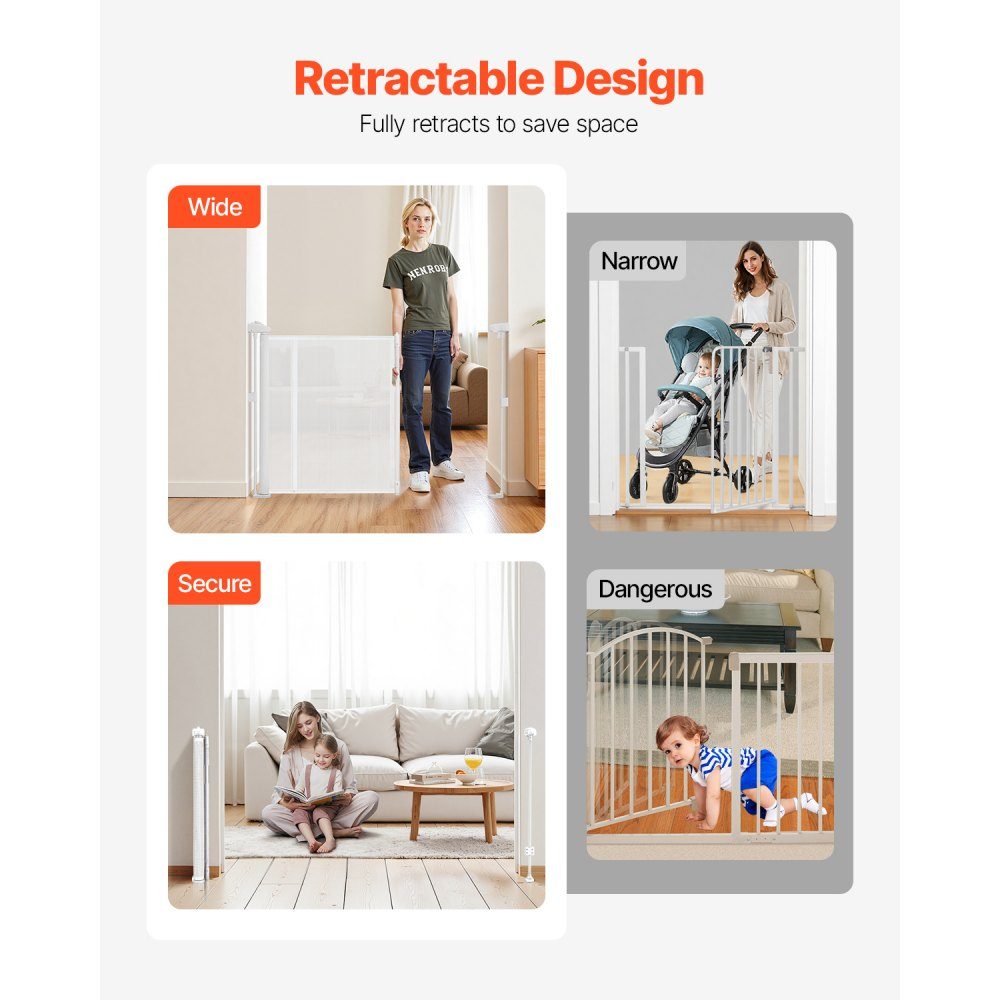Extendable baby gate, dog gate, extendable to 280 cm wide / 87 cm high, pet gate, protective gate made of mesh material for indoor stairs, doors, hallways, playrooms, stair gates, white