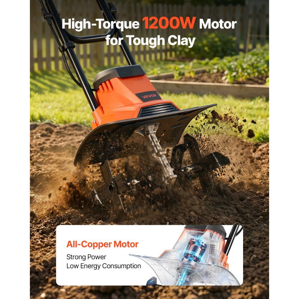 Electric motor hoe 36 cm working width, 22 cm working depth, 1200 W motor hoe, soil shredder, cultivator with steel tines & folding handle, garden tiller for lawn, yard and garden maintenance