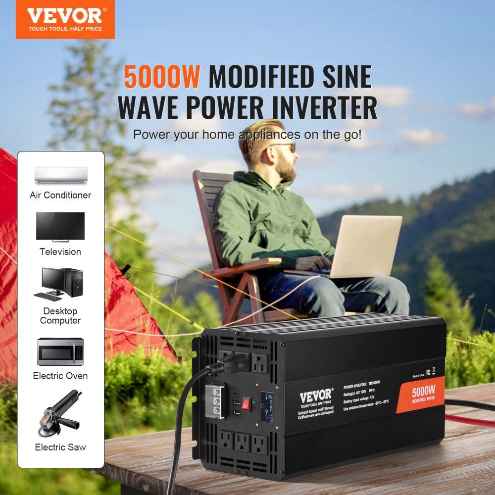 Falownik sinusoidalny 5000W Falownik DC 12V na AC 230V z 2 gniazdami AC, 2 portami USB, 1 portem typu C, wyświetlaczem LCD i pilotem do ciężkich urządzeń gospodarstwa domowego
