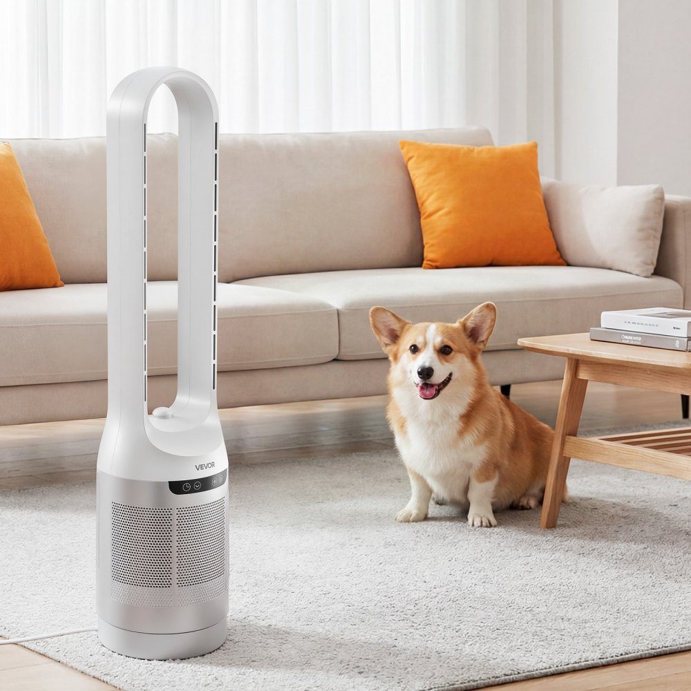 Tower Fan without Blades, 104cm Column Fan with 12 Speeds Max 4.5m/s, 4 Modes, 8 Hour Timer, 65° Oscillating Pedestal Fan with Remote Control for Bedroom, Office, White