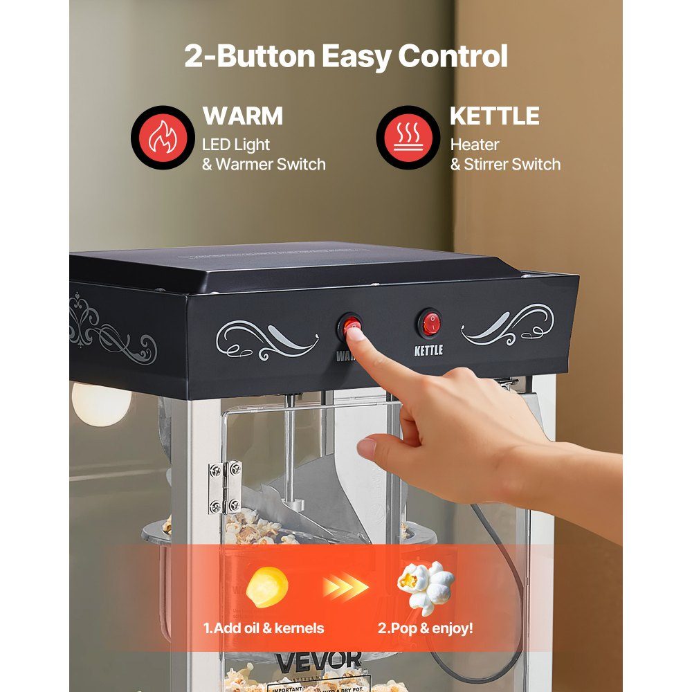 Popcorn Machine with Stainless Steel Boiler, 800W Commercial Popcorn Machine, 48 Cups per Load, Cinema Style, with 2 Button Control, Glass Wall, PC Door, 1 Scoop, 3 Spoons, Black