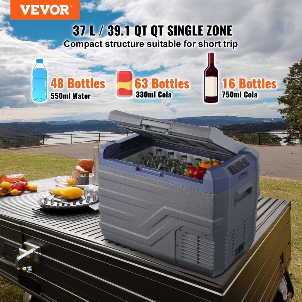 Car Fridge, 12V Car Fridge, Portable 37L Single Zone Freezer with Built-in Lighting, -20°C to 20°C, 12/24V DC and 100-240V AC Compressor Cooler for Outdoor, Camping, RV