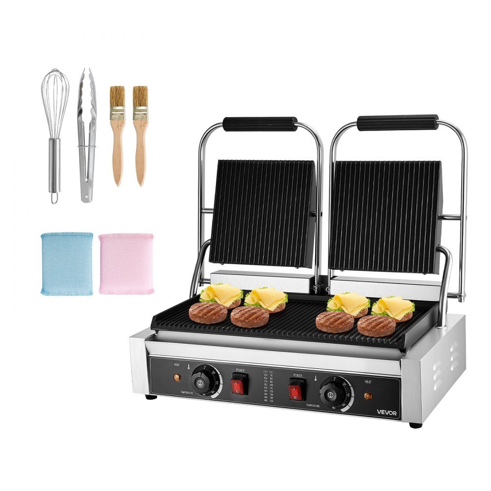Commercial Contact Grill 3600W Electric Grill Sandwich Maker (Double Baking Plates) Stainless Steel Panini Press with Temperature Control, 48x23cm Grooved Enamel Plate for Hamburger Steak Bacon