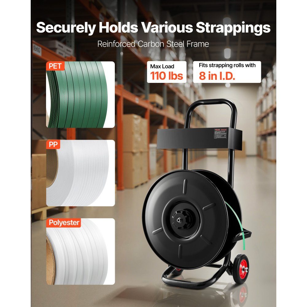 Dispenser, suitable for PET/PP/polyester strapping rolls with 203 mm core size, strapping dispenser with improved braking system, integrated spacious storage space for tools