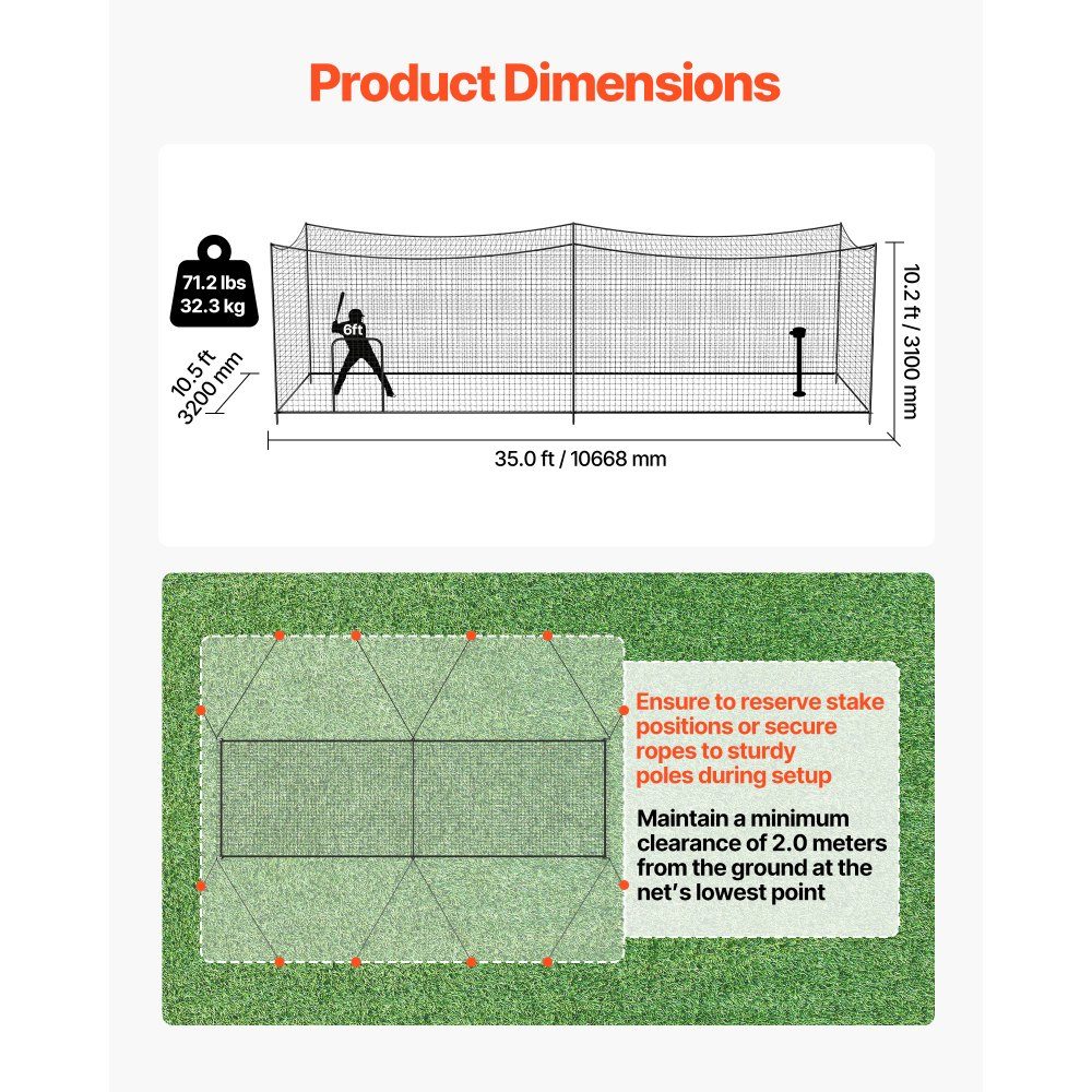 Baseball Batting Cage Net (Rectangular) 10668 x 3200 x 3100mm, Portable Training Net with 45-lagigem & Knotted HDPE Fabric & Long Positioning Ropes, Softball Training Cage Net Included