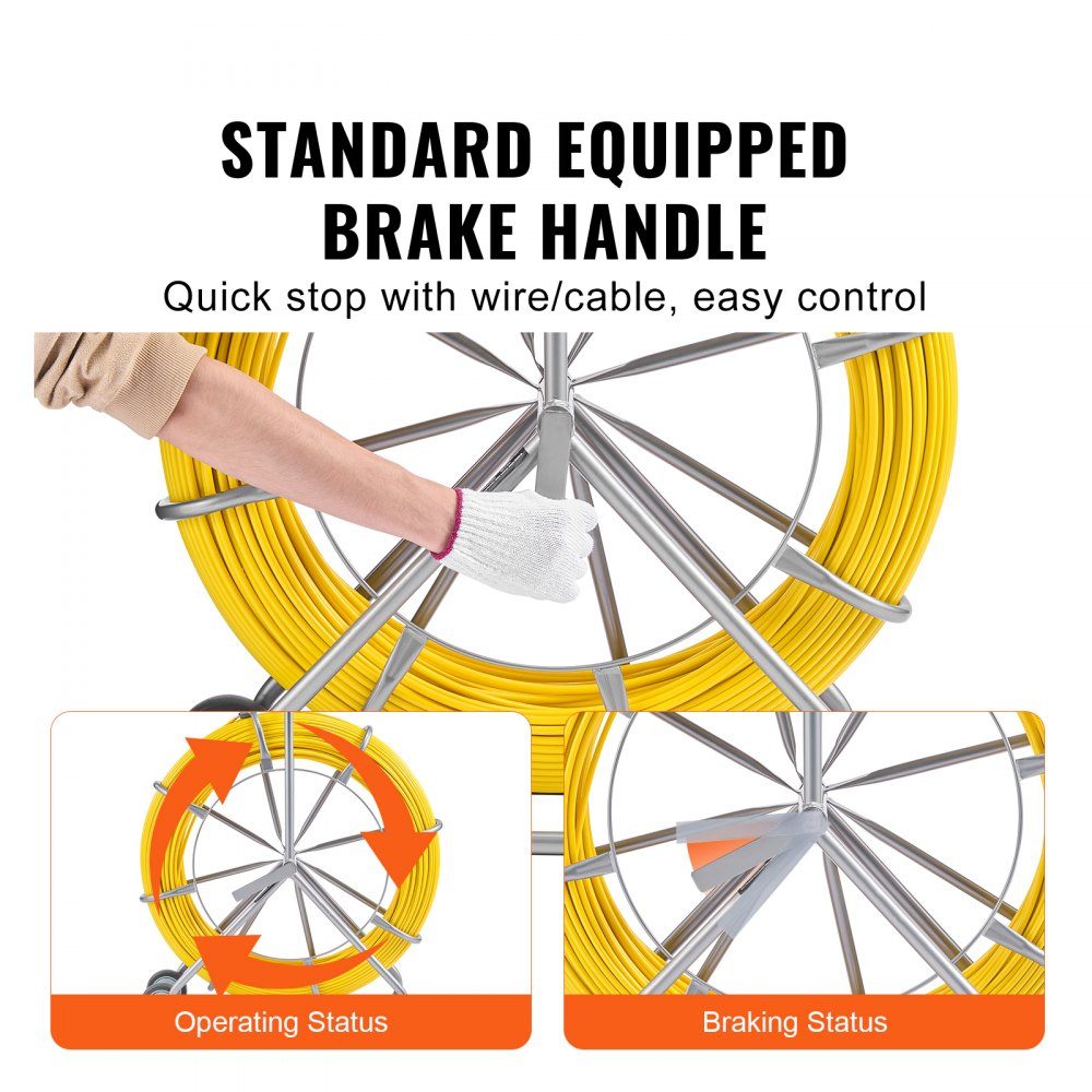 Retractable Tape 200m 5/16" Pipe Puller Retractable Tape Wire Puller Cable Management Rod with Steel Reel Stand 3 Pull Heads Fishing Tool for Walls and Electrical Wires Non-Conductive