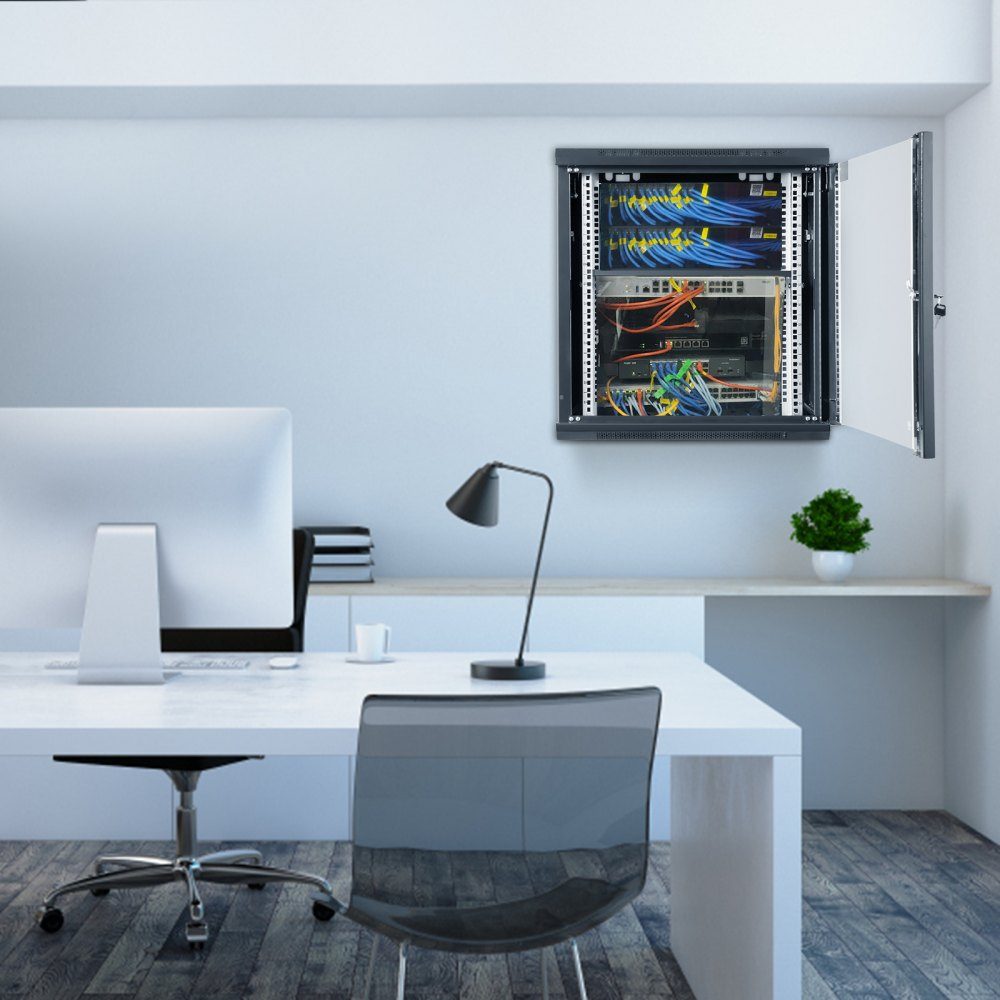 12U Wall Mount Network Server Cabinet 15.5" Deep Server Rack Cabinet Enclosure Approx. 200 lbs. Floor-mounted loading capacity, with lockable glass door side panels, for IT equipment, A/V equipment