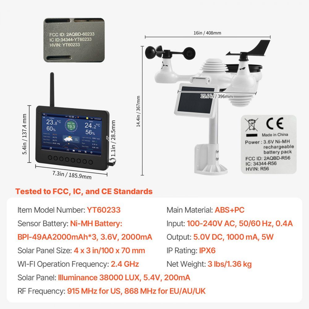 7-in-1 WiFi weather station 186 mm (7 inch) TFT display wireless outdoor sensor IPX6