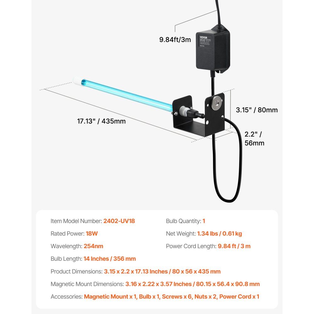 HVAC-luchtreiniger, 18 W 254nm UV UVC-lichtspoelreiniger met magneet in kanaal voor AC-kanalen (airconditioners), luchtwasser met 1 reservelamp, HVAC UV-lampen, luchtreiniger voor airconditioners