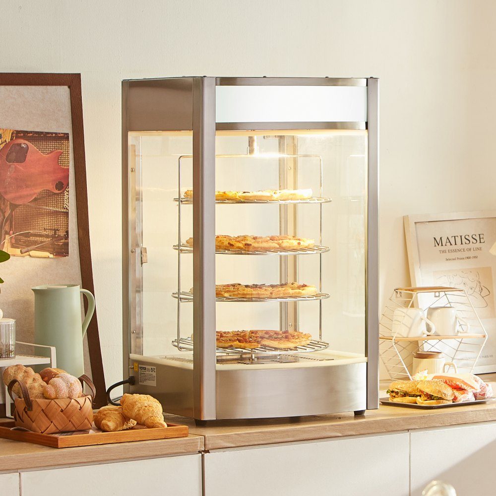 Commerciële Voedselverwarmer voor 14" Pizza, 4-laags Pizzaverwarmer met Roterende Stoomverwarmer, 30℃~85℃ Temperatuurregeling en Temperatuurweergave, 25W Ovenlicht + Top-LED voor Pizzeria, Restaurant