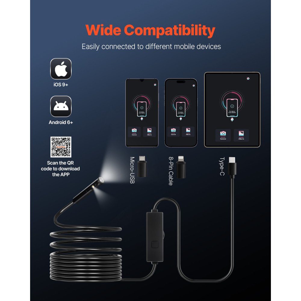 Endoskopkamera mit Licht, Doppelobjektiv-Endoskop für Android und iOS, 1920P HD-Inspektionskamera mit 8+1 LED-Licht, 2x Zoom, 5 m Kabel, wasserdichte IP67-Kanalkamera für Auto, Sanitär
