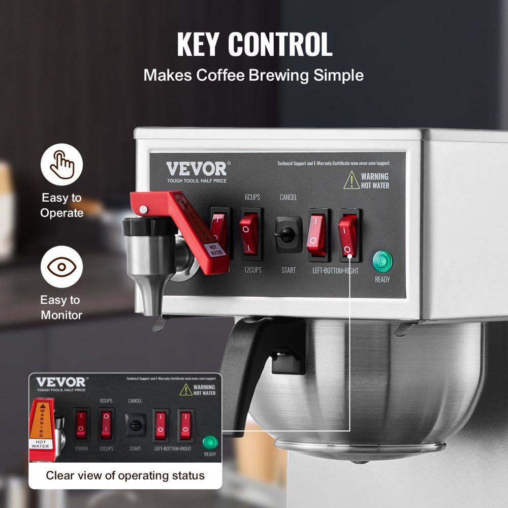 Kommerzielle Filterkaffeemaschine für 12 Tassen, Kaffeemaschine mit 3 Glaskaraffen & 3 Warmhalteplatten, Übergießkaffeemaschine aus Edelstahl für Restaurant, Büro, Café