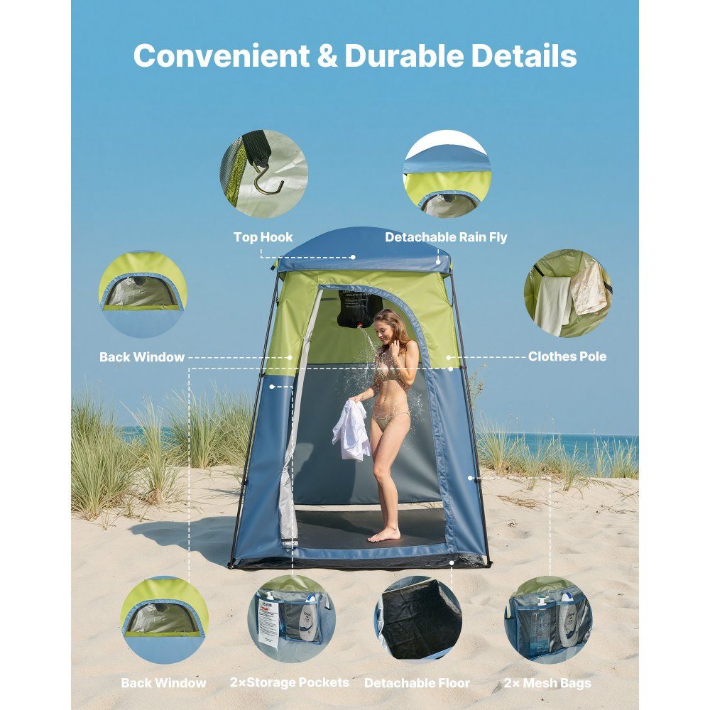 Shower tent with 1 room & shower bag, toilet tent (1676x1676x2184 mm) changing tent including pegs and ropes as well as carrying bag and support poles made of 150D Oxford fabric for camping beach fishing in green