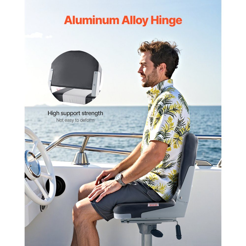 1 Piece Boat Seat Low Back Folding Fishing Boat Seat with Thick Sponge Cushion and Waterproof PVC Leather Aluminum Alloy Hinges Black Gray