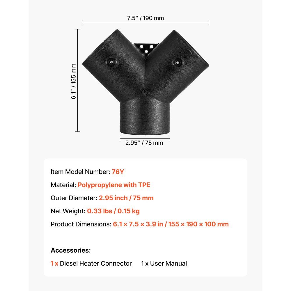 Diesel heater connector (75mm), diesel heater duct connection accessories, Y-shaped 3-way vent connectors with 2 90° rotating valves, connection connector for 2/5/8 kW diesel heater