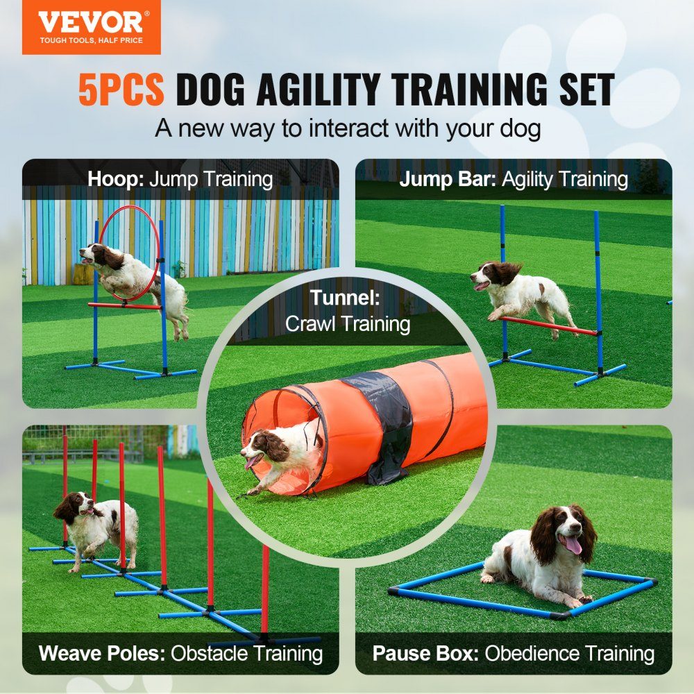 Dog Agility Training Equipment, 5 Piece Upgrade Set with Adjustable High Hurdles, 6 Slalom Poles, Extended Tunnel, Jump Ring, Brake Box, Whistle, Foldable Bowl, Puppy Obstacle Course Set with Storage Bag