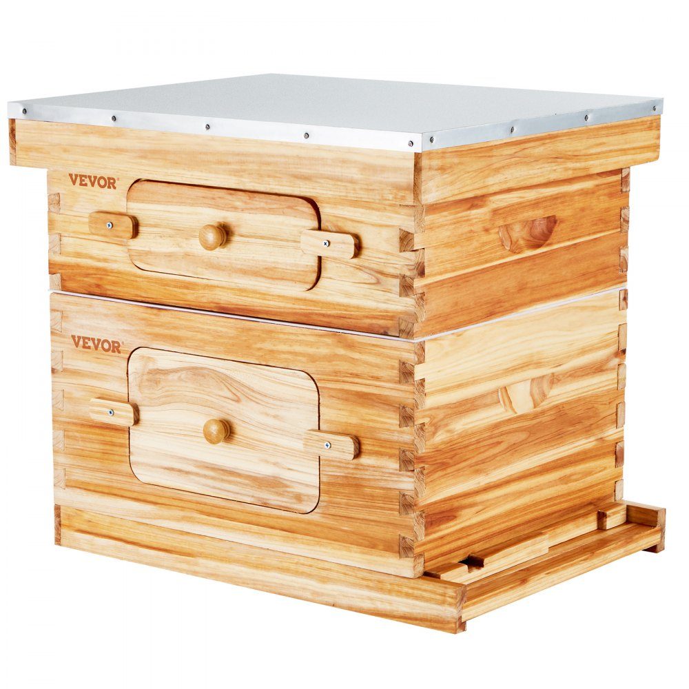 Beehive, 20 Frames, Zander Beehive, Beeswax Coated Fir Wood, 1 Deep + 1 Medium Bee Box, Langstroth Beehive Set, Clear Acrylic Windows with Foundations