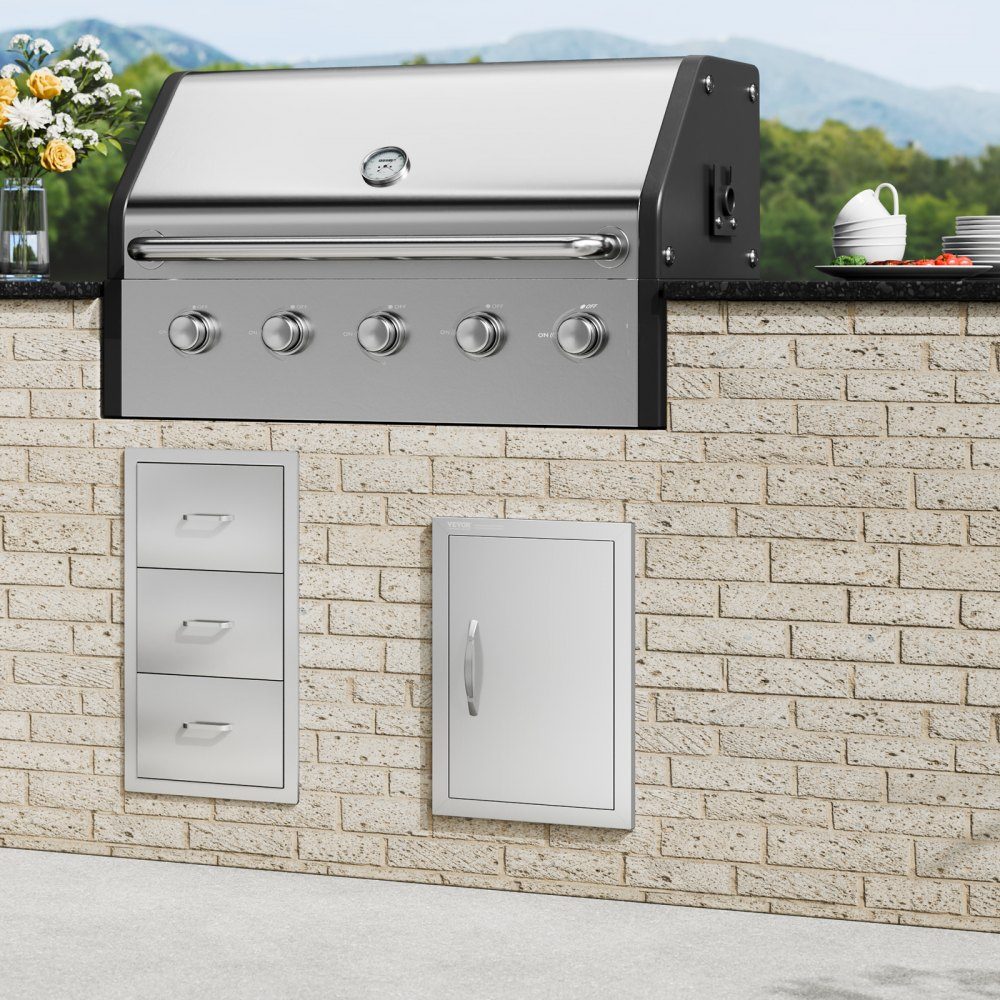 Grill-Zugangstür, 355 x 508 mm, einzelne Außenküchentür, bündig montierte Edelstahltür, vertikale Wandtür mit Griff, für Grillinsel, Grillstation, Außenschrank