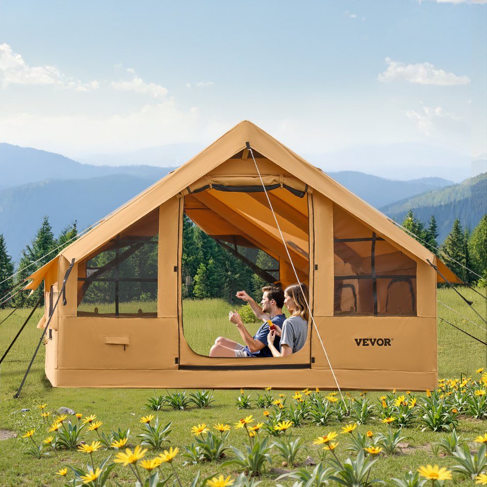 Aufblasbares Zelt für Camping, Zelt für 5–8 Personen mit Handpumpe, 4 x 3 x 2,2 m großes Glamping-Zelt mit 2 Oberlichtern, Vordach, Herdanschluss, 2 Türen, Netzfenstern und Aufbewahrungstasche