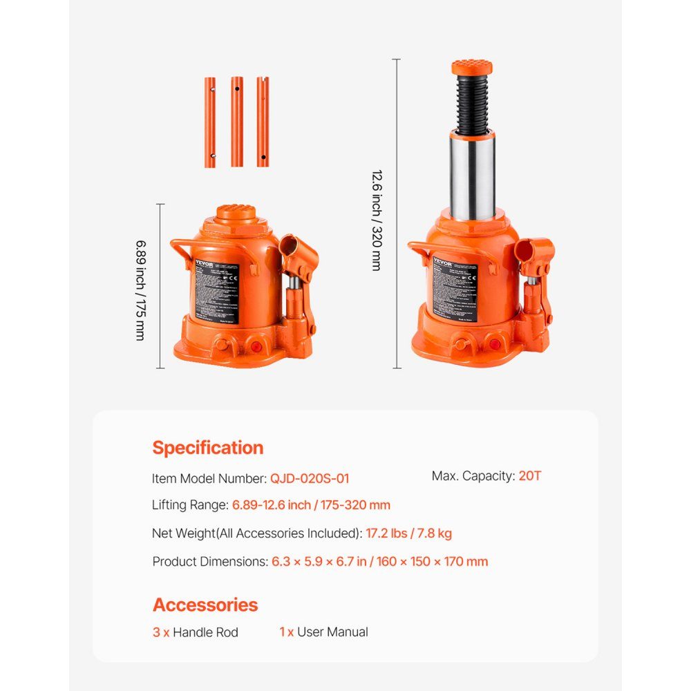 Hydraulic Jack 20T Stamp Jack Bottle Jack with 17-32cm Lifting Range and 3 Piece Long Handle for Car Pickup Truck Motorhome Auto Repair Industrial Engineering