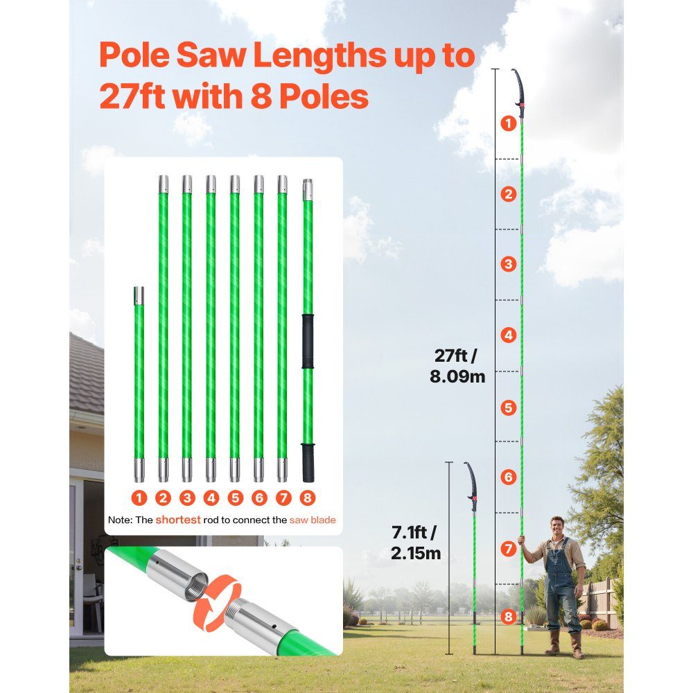 Astsäge mit Teleskopstiel, 2,15-8,09 m verstellbar, Sägeblatt aus 65Mn-Stahl, leichter Fiberglasstab, zum Trimmen hoher Äste, Teleskop-Baumsäge für Palmenbüsche