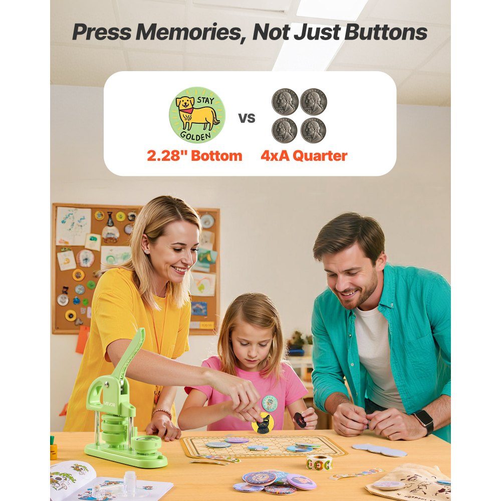 Button machine button maker machine badge punch press 58 mm round, pin maker with 100 button parts & circle cutter & reinforced ergonomic handle, DIY button press machine green