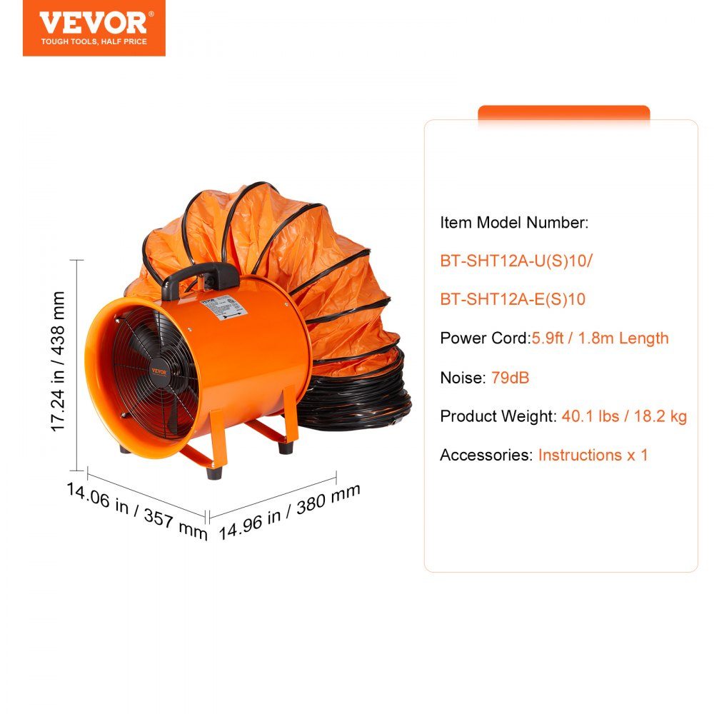 Bauventilator 367 W AC-Motor Bauventilator 2800 U/min Bauventilator Gebläse 2574 CFM (4373 m3/h) Axialventilator mit 10 m Schlauch Axialventilator 79 dB Geräuschpegel Industrieventilator